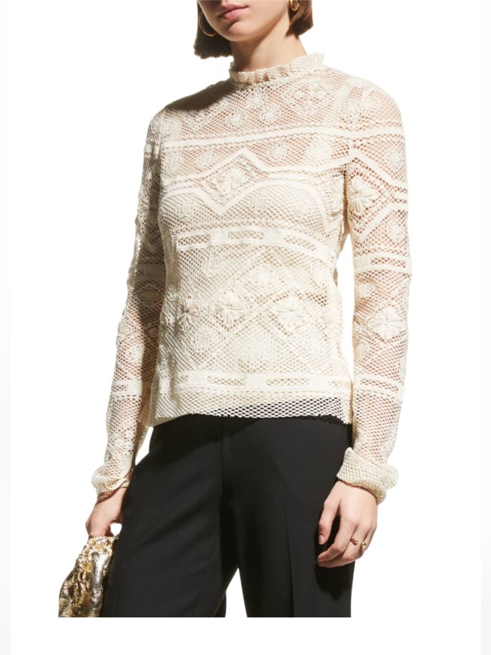 NWT Rebecca Taylor Cream Crochet Lace Long-Sleeve Top size 8
